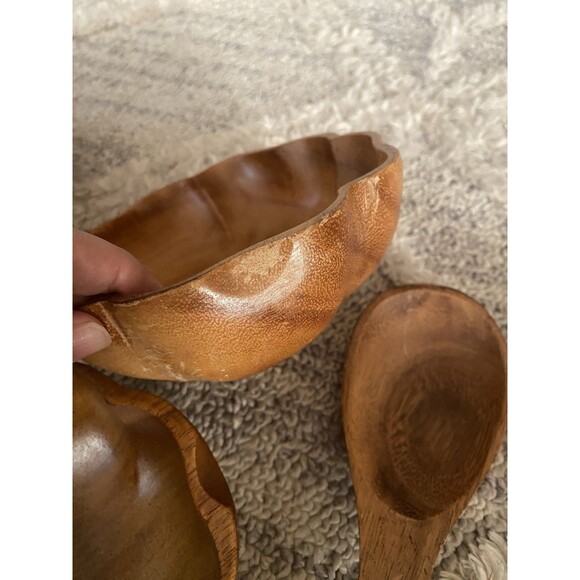 7pcs VTG 60s MCM Tiki Hawaiian Serving Bowl Set TEAK Wood Flower Shape Utensils - Picture 3 of 9